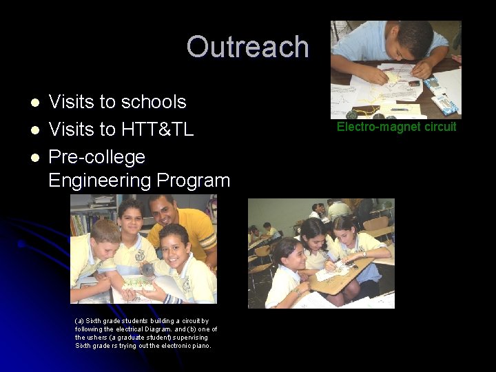 Outreach l l l Visits to schools Visits to HTT&TL Pre-college Engineering Program (a)