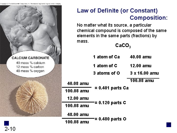 Law of Definite (or Constant) Composition: No matter what its source, a particular chemical