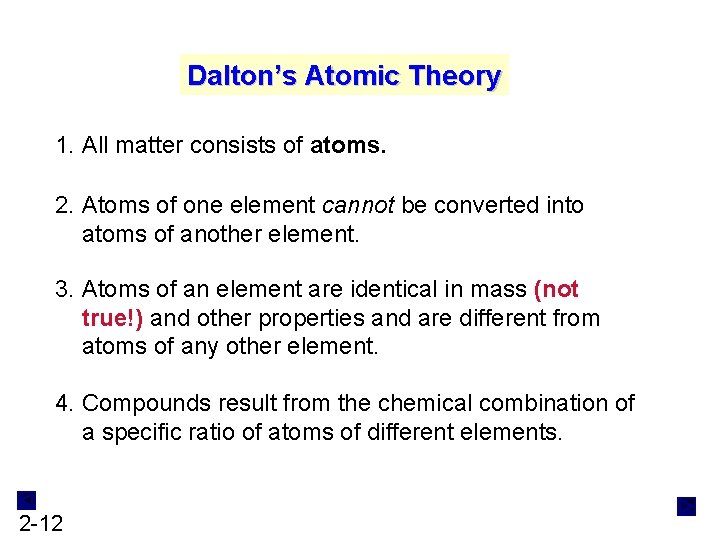 Dalton’s Atomic Theory 1. All matter consists of atoms. 2. Atoms of one element