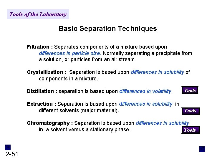 Tools of the Laboratory Basic Separation Techniques Filtration : Separates components of a mixture