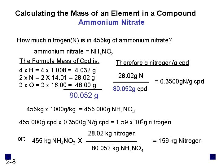 Calculating the Mass of an Element in a Compound Ammonium Nitrate How much nitrogen(N)