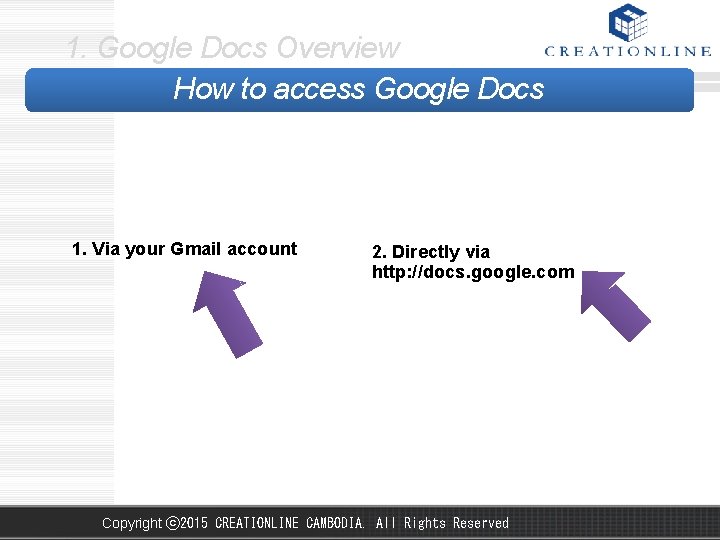 1. Google Docs Overview How to access Google Docs 1. Via your Gmail account