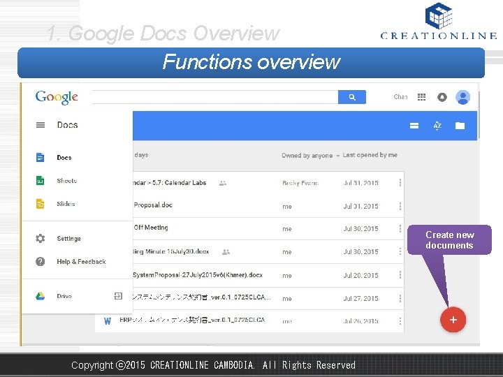 1. Google Docs Overview Functions overview Create new documents Copyright ⓒ 2015 CREATIONLINE CAMBODIA.