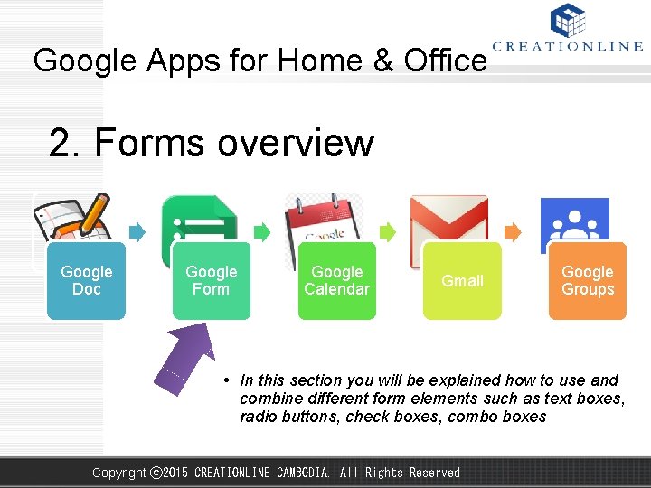 Google Apps for Home & Office 2. Forms overview Google Doc Google Form Google