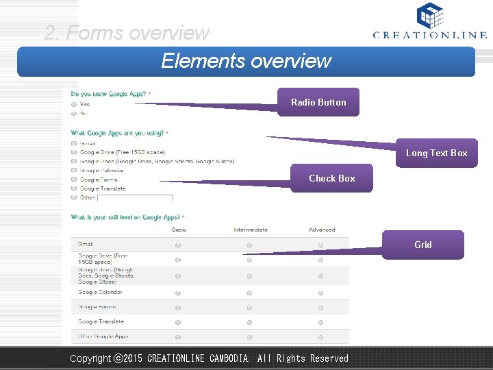 2. Forms overview Elements overview Radio Button Long Text Box Check Box Grid Copyright