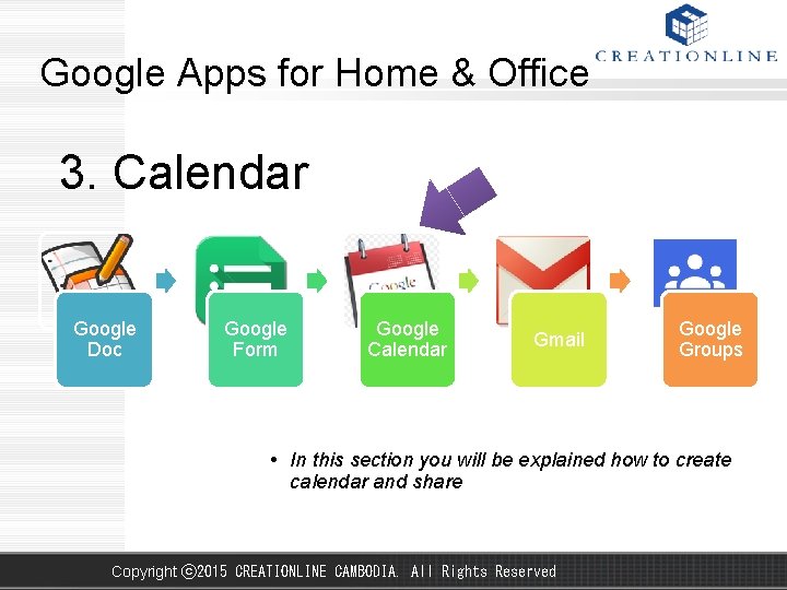 Google Apps for Home & Office 3. Calendar Google Doc Google Form Google Calendar