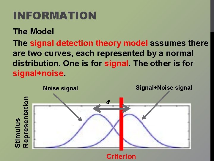 INFORMATION The Model The signal detection theory model assumes there are two curves, each