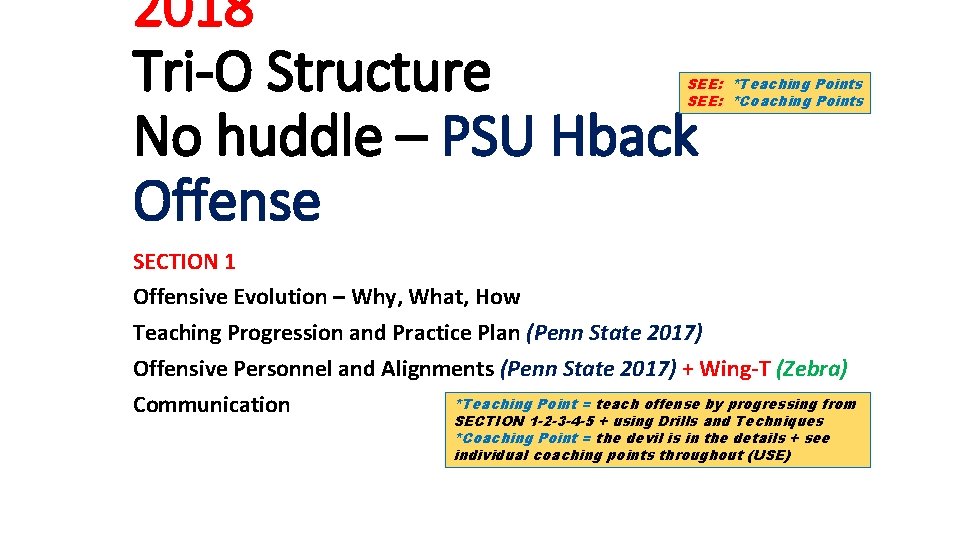 2018 Tri-O Structure No huddle – PSU Hback Offense SEE: *Teaching Points SEE: *Coaching