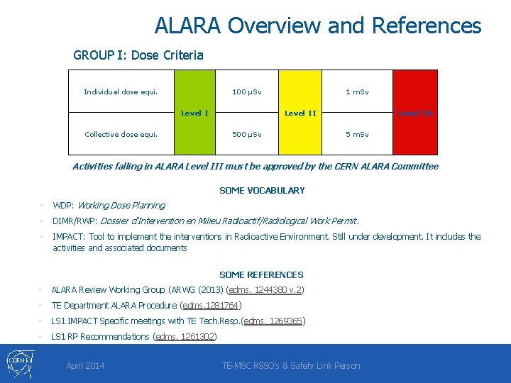 ALARA Overview and References GROUP I: Dose Criteria Individual dose equi. 100 μSv Level