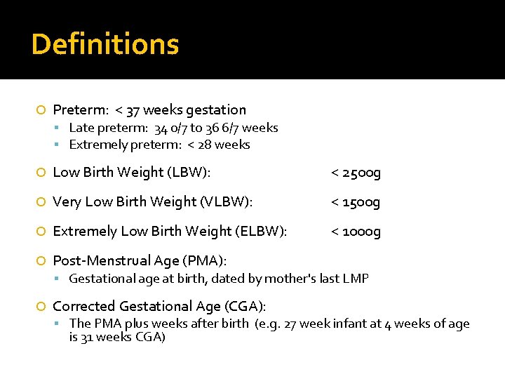 Definitions Preterm: < 37 weeks gestation Late preterm: 34 0/7 to 36 6/7 weeks