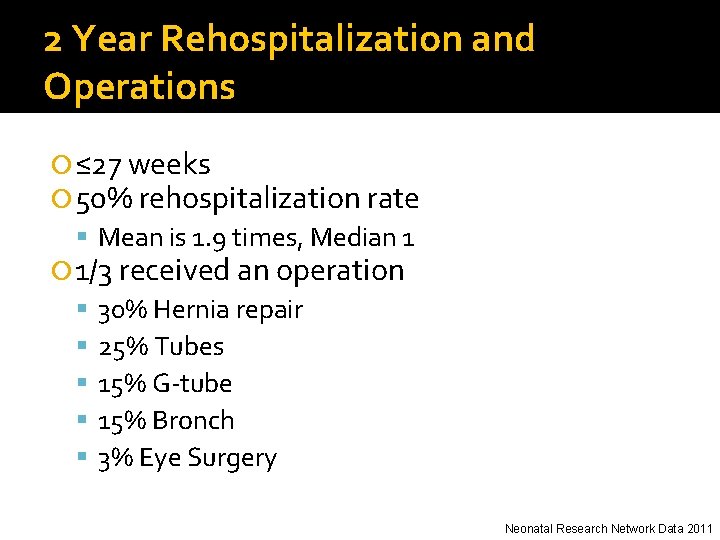 2 Year Rehospitalization and Operations ≤ 27 weeks 50% rehospitalization rate Mean is 1.