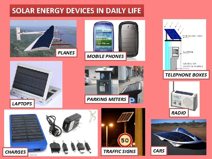 SOLAR ENERGY DEVICES IN DAILY LIFE PLANES MOBILE PHONES TELEPHONE BOXES LAPTOPS PARKING METERS