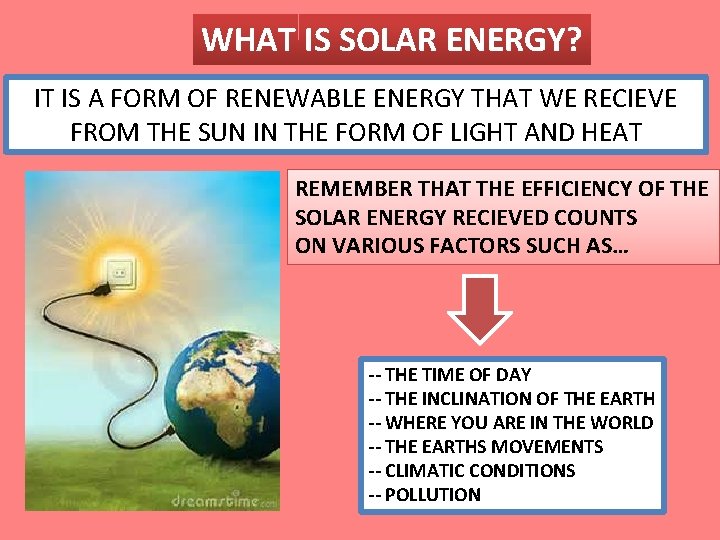 WHAT IS SOLAR ENERGY? IT IS A FORM OF RENEWABLE ENERGY THAT WE RECIEVE