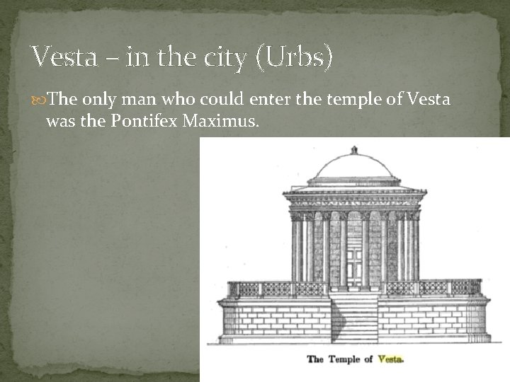 Vesta – in the city (Urbs) The only man who could enter the temple