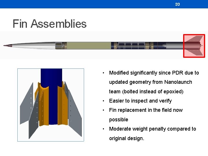 33 Fin Assemblies • Modified significantly since PDR due to updated geometry from Nanolaunch 33 Fin Assemblies • Modified significantly since PDR due to updated geometry from Nanolaunch