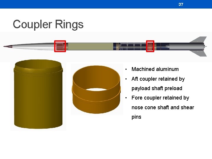 37 Coupler Rings • Machined aluminum • Aft coupler retained by payload shaft preload 37 Coupler Rings • Machined aluminum • Aft coupler retained by payload shaft preload