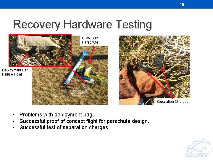 49 Recovery Hardware Testing CRW Built Parachute Deployment Bag Failure Point Separation Charges • 49 Recovery Hardware Testing CRW Built Parachute Deployment Bag Failure Point Separation Charges •