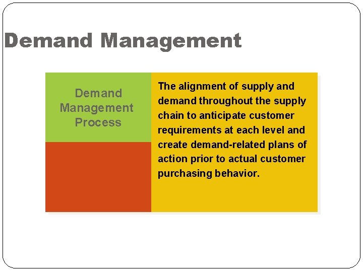 Demand Management Process The alignment of supply and demand throughout the supply chain to