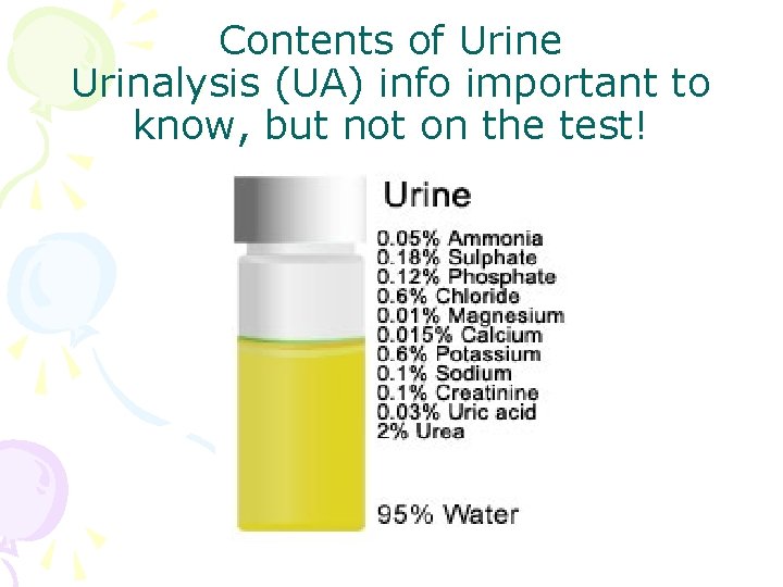 Contents of Urine Urinalysis (UA) info important to know, but not on the test!