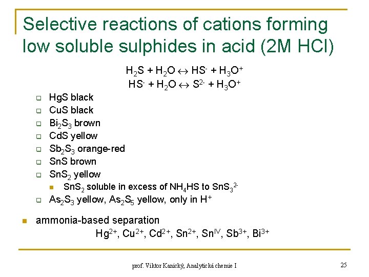 Selective reactions of cations forming low soluble sulphides in acid (2 M HCl) H