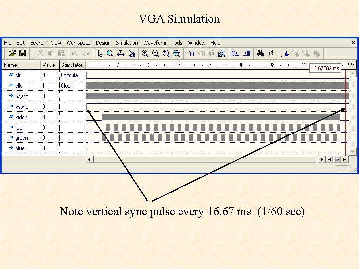 VGA Simulation Note vertical sync pulse every 16. 67 ms (1/60 sec) 