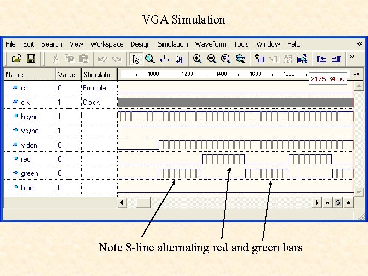 VGA Simulation Note 8 -line alternating red and green bars 