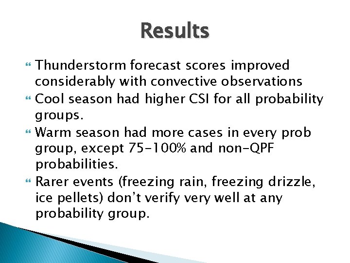 Results Thunderstorm forecast scores improved considerably with convective observations Cool season had higher CSI