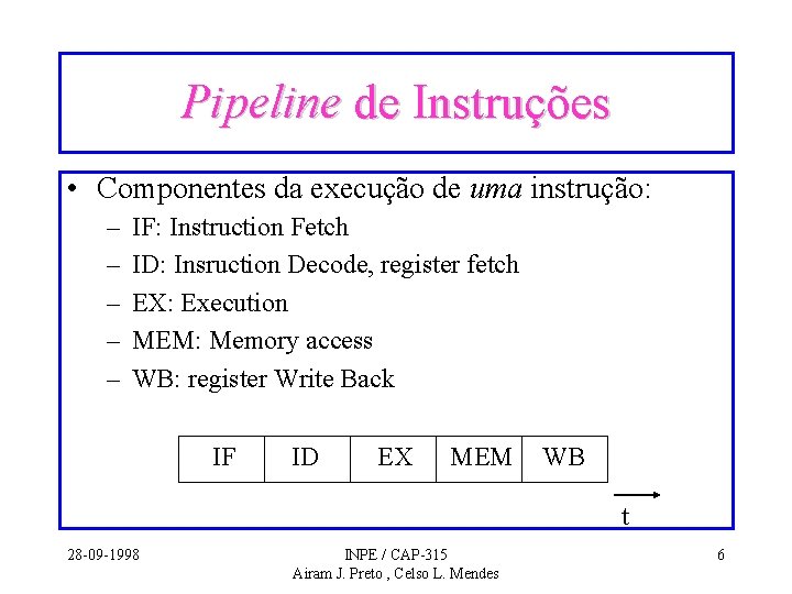 Pipeline de Instruções • Componentes da execução de uma instrução: – – – IF: Pipeline de Instruções • Componentes da execução de uma instrução: – – – IF: