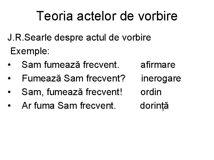 Teoria actelor de vorbire J. R. Searle despre actul de vorbire Exemple: • Sam Teoria actelor de vorbire J. R. Searle despre actul de vorbire Exemple: • Sam
