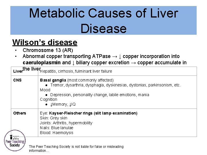 Metabolic Causes of Liver Disease Wilson’s disease • • Chromosome 13 (AR) Abnormal copper