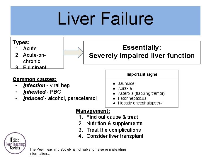 Liver Failure Types: 1. Acute 2. Acute-onchronic 3. Fulminant Essentially: Severely impaired liver function