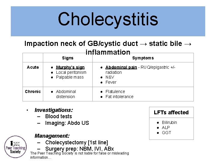 Cholecystitis Impaction neck of GB/cystic duct → static bile → inflammation Signs Acute Chronic