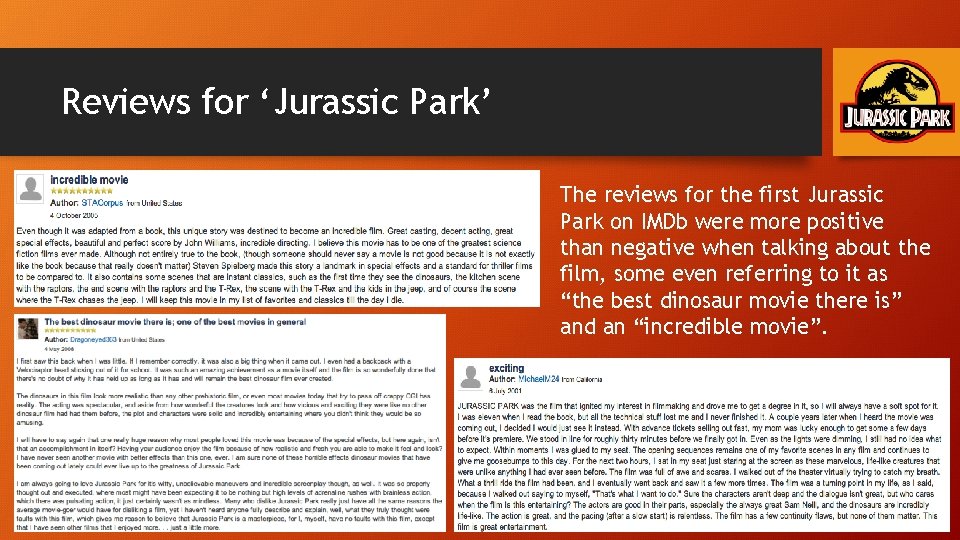 Reviews for ‘Jurassic Park’ The reviews for the first Jurassic Park on IMDb were