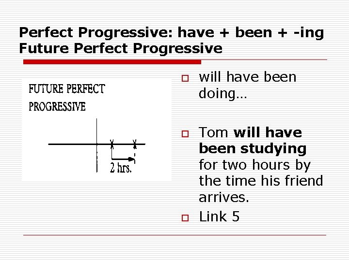 Perfect Progressive: have + been + -ing Future Perfect Progressive o o o will