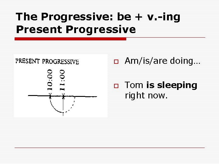 The Progressive: be + v. -ing Present Progressive o o Am/is/are doing… Tom is