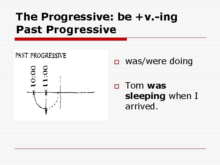 The Progressive: be +v. -ing Past Progressive o o was/were doing Tom was sleeping