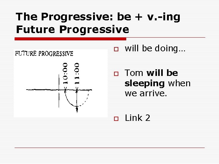 The Progressive: be + v. -ing Future Progressive o o o will be doing…