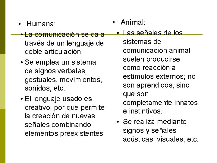  • Animal: • Humana: • La comunicación se da a • Las señales