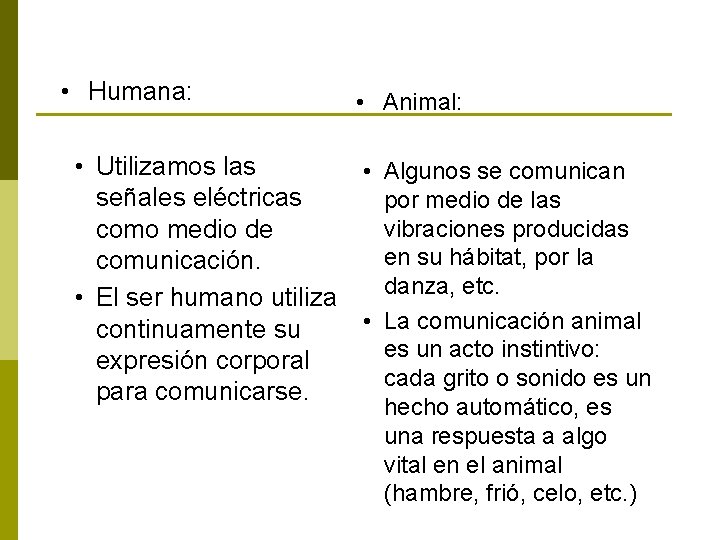  • Humana: • Animal: • Utilizamos las • Algunos se comunican señales eléctricas