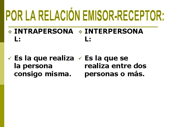 v INTRAPERSONA L: v INTERPERSONA L: ü Es la que realiza la persona consigo