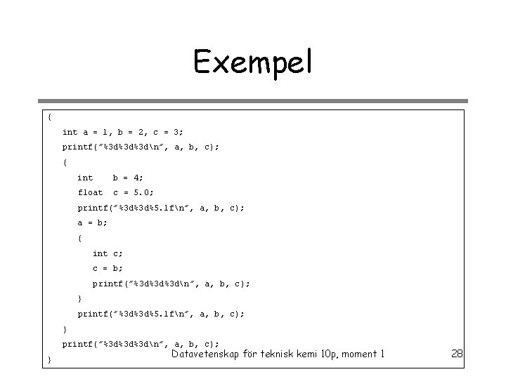 Exempel { int a = 1, b = 2, c = 3; printf(”%3 d%3