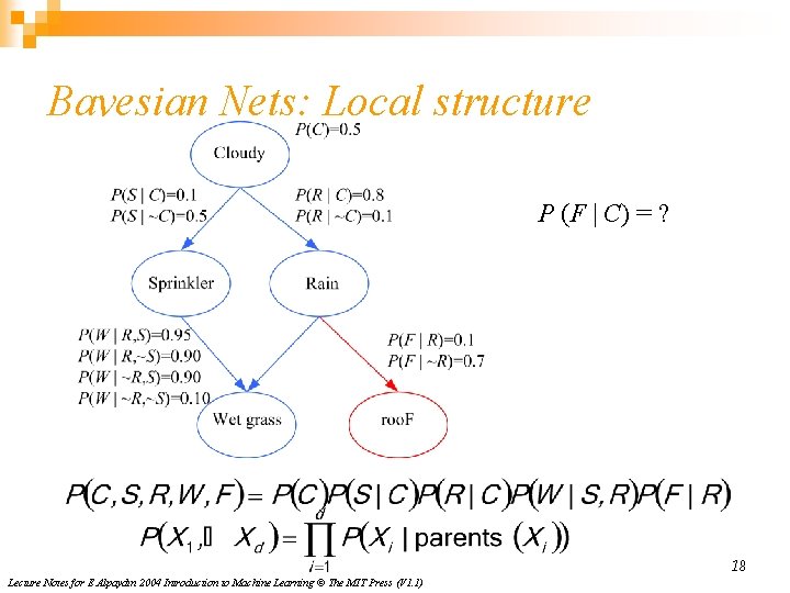 Bayesian Nets: Local structure P (F | C) = ? 18 Lecture Notes for