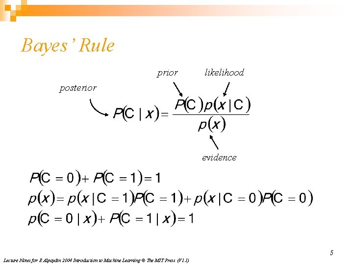 Bayes’ Rule prior likelihood posterior evidence 5 Lecture Notes for E Alpaydın 2004 Introduction