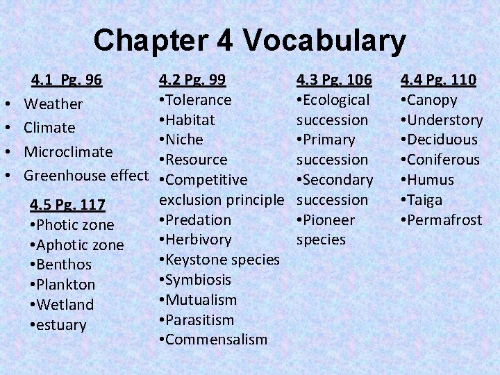 Chapter 4 Vocabulary • • 4. 1 Pg. 96 Weather Climate Microclimate Greenhouse effect