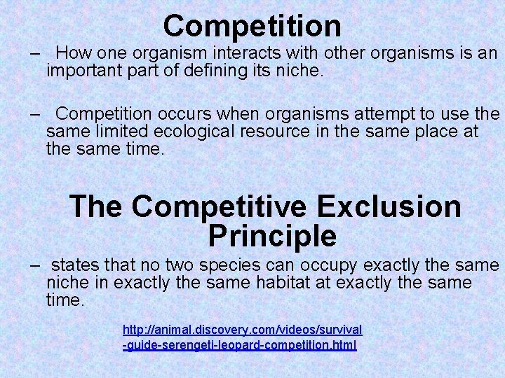 Competition – How one organism interacts with other organisms is an important part of