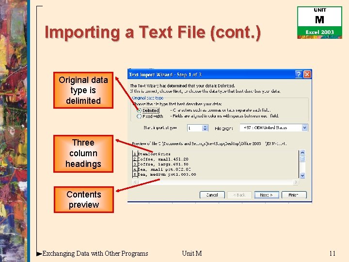 Importing a Text File (cont. ) Original data type is delimited Three column headings