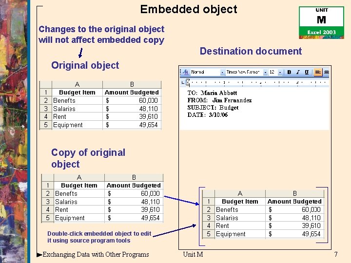 Embedded object Changes to the original object will not affect embedded copy Destination document