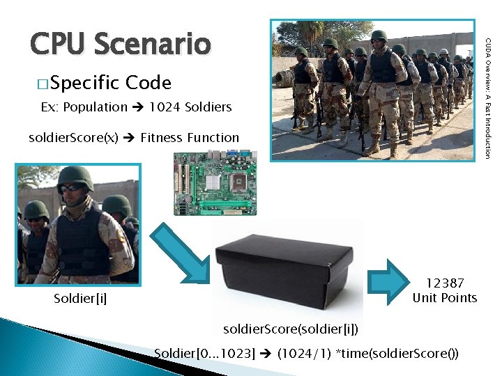 � Specific CUDA Overview: A Fast Introduction CPU Scenario Code Ex: Population 1024 Soldiers