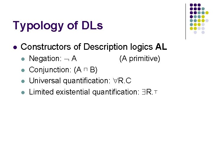 Typology of DLs l Constructors of Description logics AL l l Negation: A (A