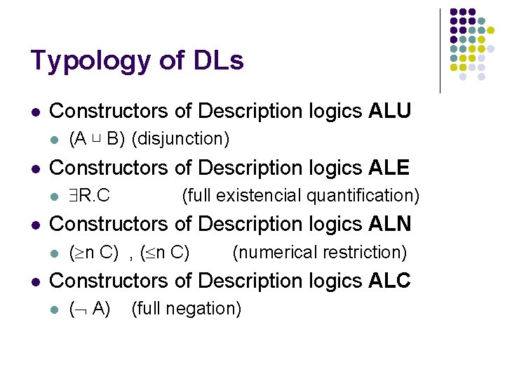 Typology of DLs l Constructors of Description logics ALU l l Constructors of Description